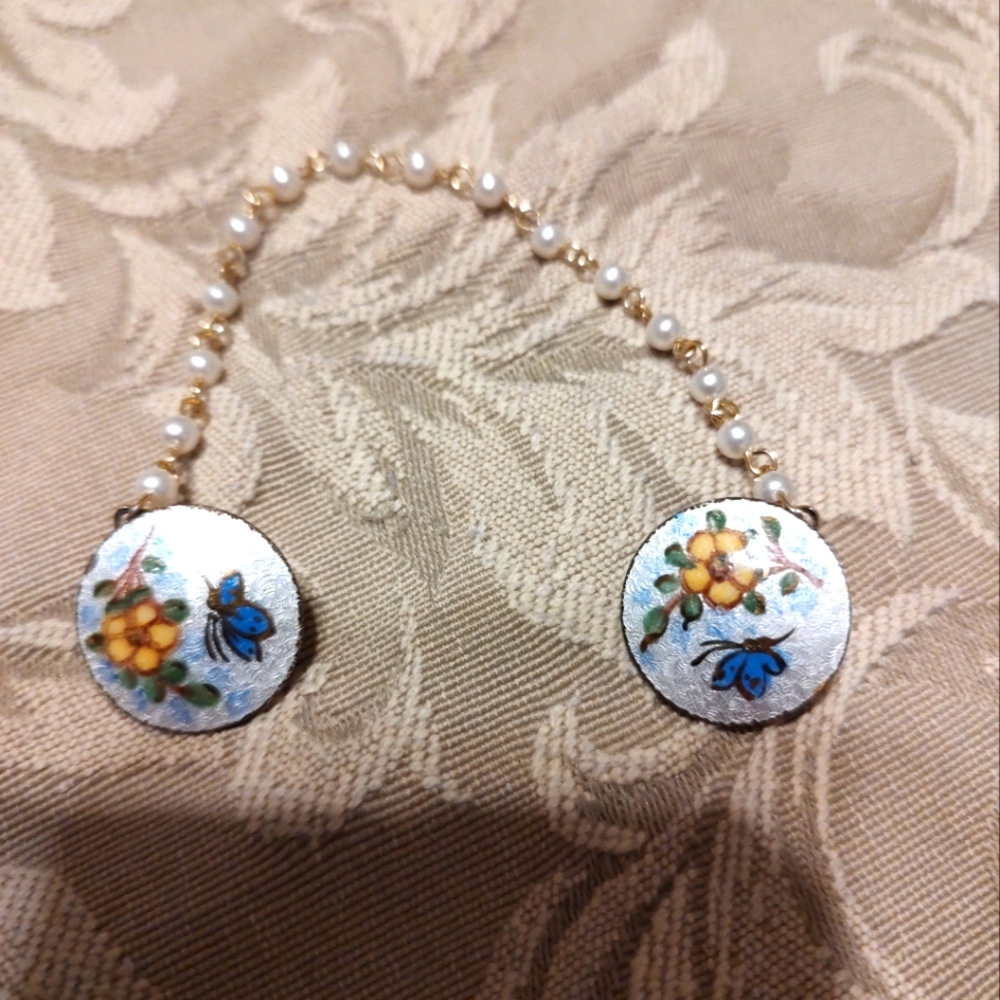 🌼🦋🪻Precious Vtg Dainty Hand Painted Floral Enameled Sweater Clip Chatelain - Picture 3 of 10